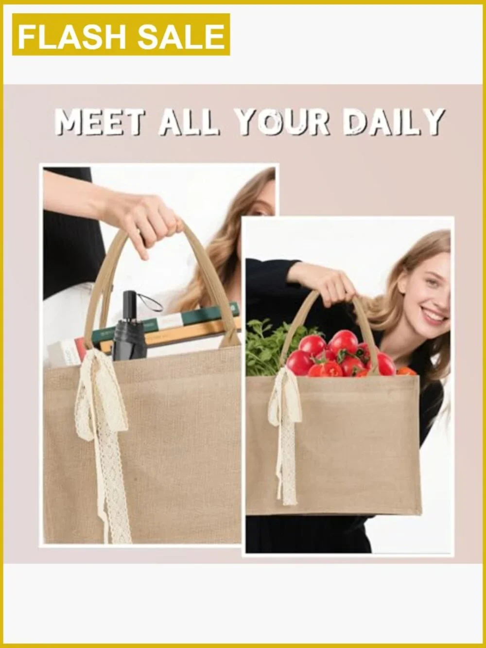 Burlap Tote Bag Set 6 Pack Reusable Grocery Shopping Jute Party Gift